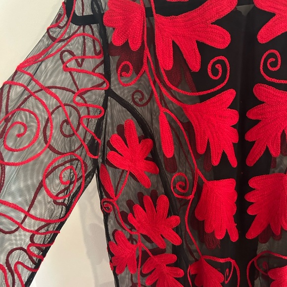 NEW Parsley & Sage Black w Ruby Red Floral Embroidered Sheer Blouse or Jacket - Picture 6 of 9
